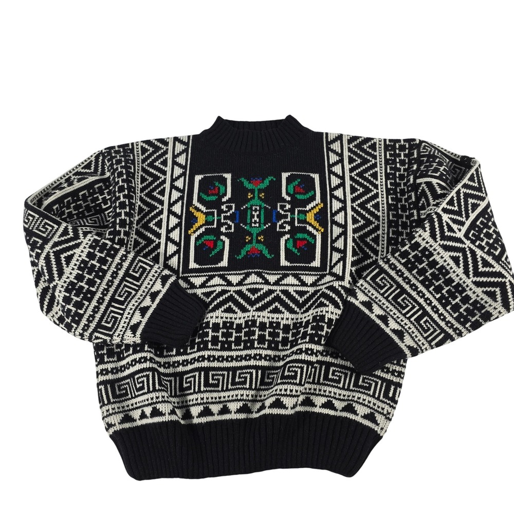 Demetre Vintage Wool Blend Geometric Intarsia Sweater Black White Women Large